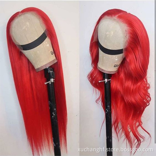 Drop Shipping Red Color Human Virgin Hair Long Straight Lace Front Wig With Baby Hair